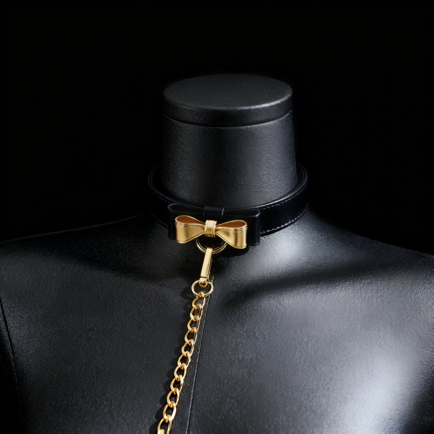 Chic Bow Leather Choker with Gold Chain Leash