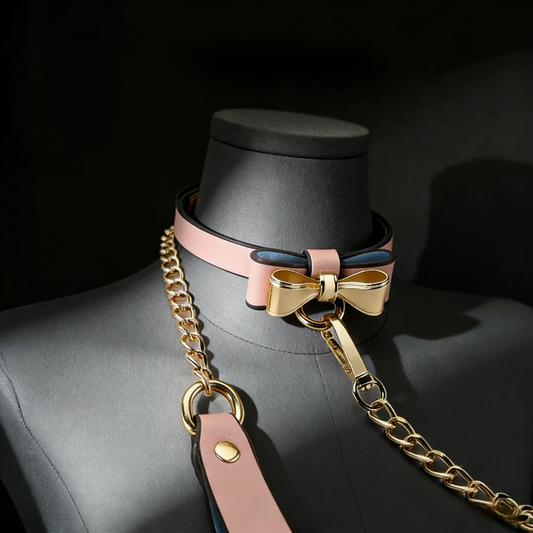Chic Bow Leather Choker with Gold Chain Leash